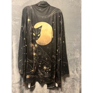 Chaos Monkey Womens Black Moon Cat Print Open Front Duster Cardigan Plus 4x
